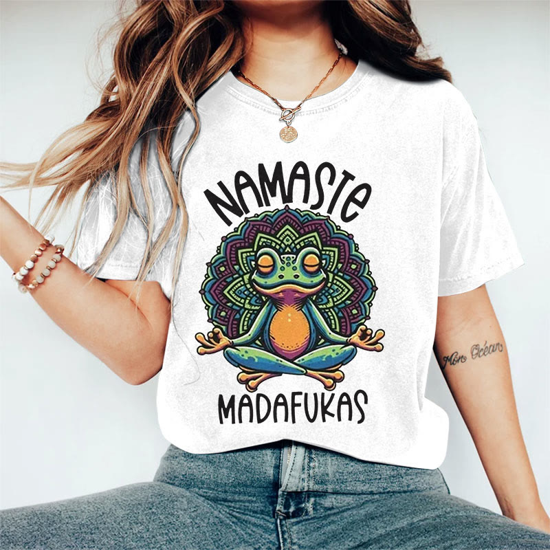 100% Cotton Women's Yoga Frog Art Print Casual T-shirt - White - 2XL - image 3