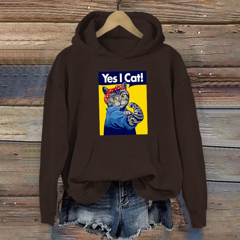 100% Cotton Funny Yes I Cat Print Women's Hoodie - Coffee - 2XL - image 5