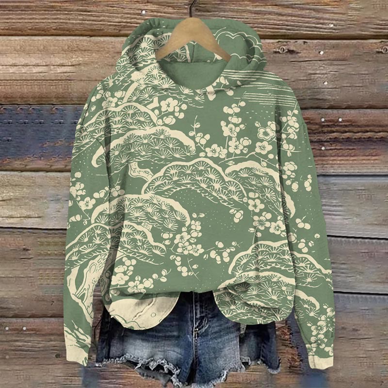 Women's Japanese Art Plum Blossom Art Print Hoodie - Green - 8XL - image 4
