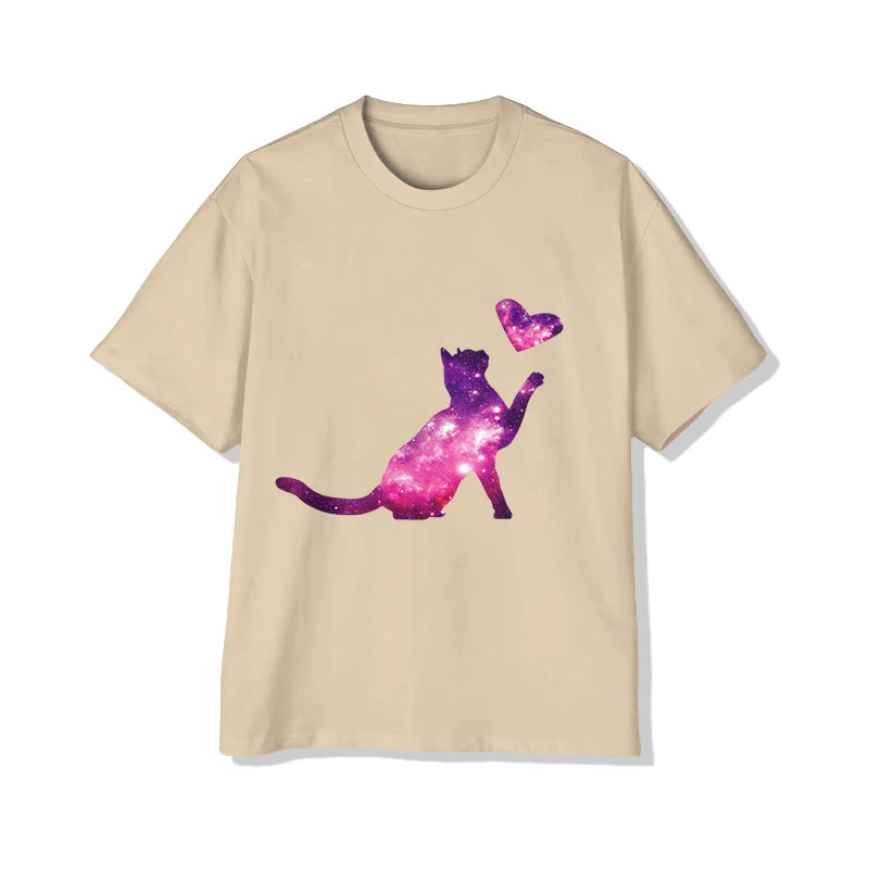 Unisex Ombre Colored Cat & Heart Print Short Sleeved Crew Neck T-shirt - Apricot - 2XL - image 4