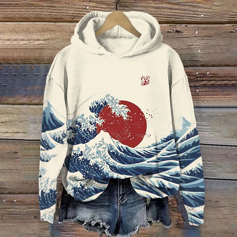 Japanese Wave & Red Sun Vintage Art Pattern Long Sleeve Hoodie - Apricot - 8XL - image 1
