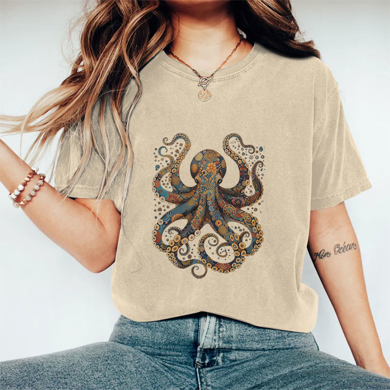 100% Cotton Vintage Flower Patterns Floral Octopus T-shirt - Apricot - 2XL - image 4
