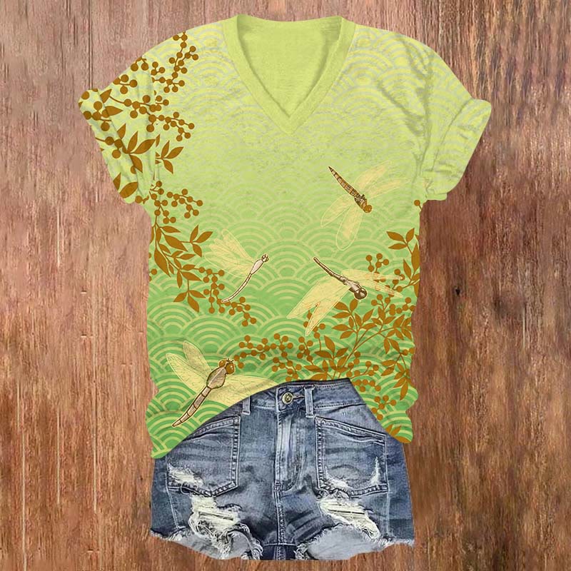 Ombre Ocean Wave & Dragonfly Art Print V-neck T-shirt - Green - US32-34(5XL) - image 3