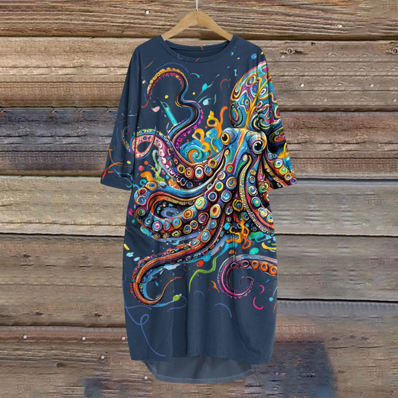 Vintage Rainbow Octopus Art Print Crew Neck Dress - Blue - 8XL - image 3