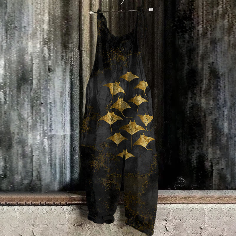 Vintage Manta Ray Art Print Casual Jumpsuit  - Black - 5XL - image 4