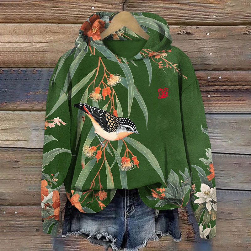 Japanese Vintage Little Bird Pattern Print Long Sleeved Hoodie - Green - US44-46(8XL) - image 6
