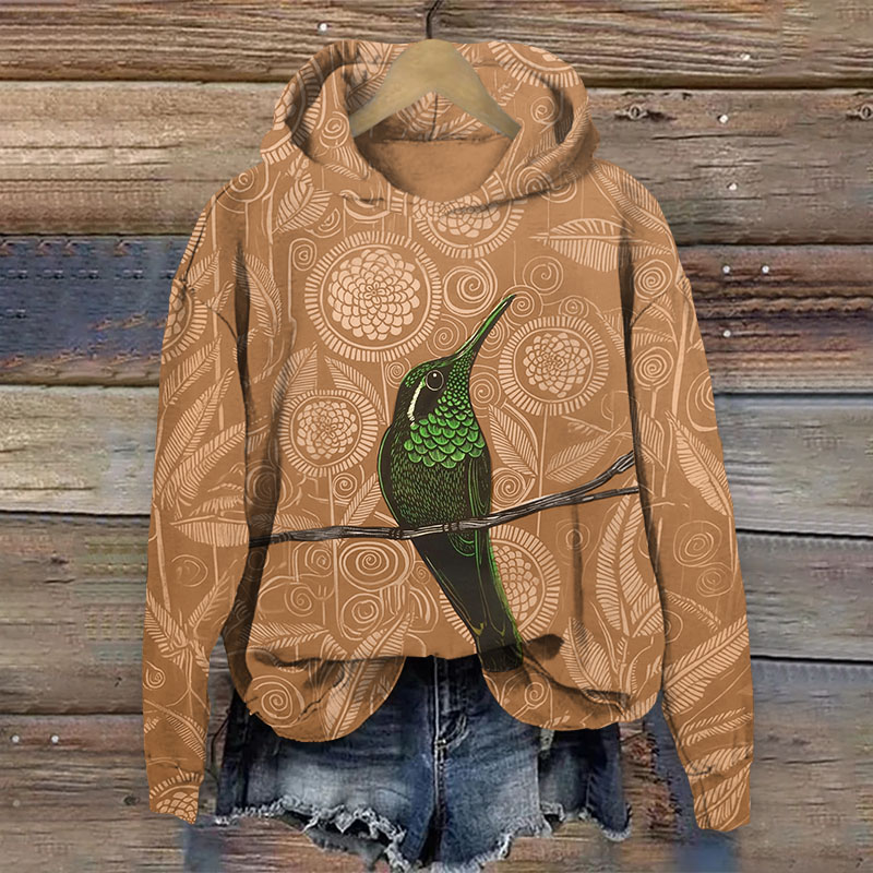 Vintage Geometric Flowers And Birds Pattern Print Long Sleeved Hoodie - Khaki - US44-46(8XL) - image 5