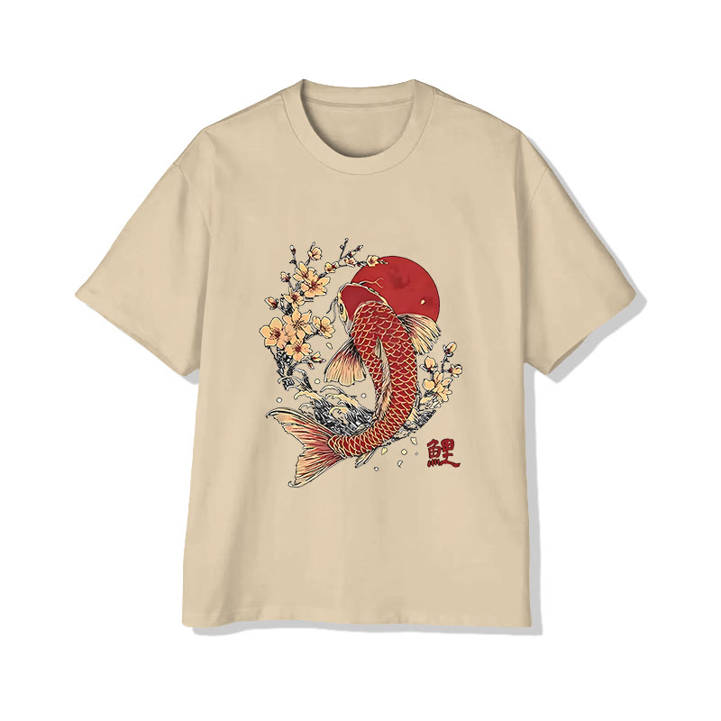 Unisex Japanese Koi Print Short Sleeved Crew Neck T-shirt - Apricot - 2XL - image 4