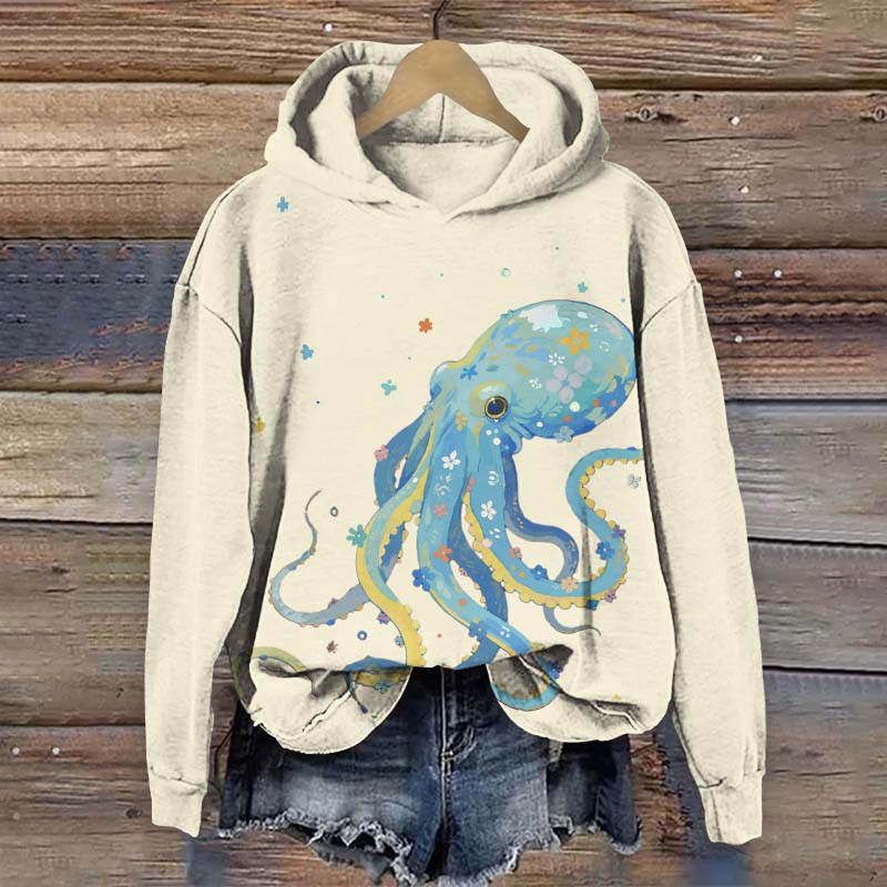 Lovely Floral Octopus Print Long Sleeve Hoodie - Apricot - US44-46(8XL) - image 3