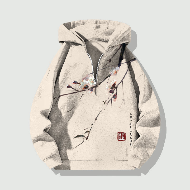 Unisex Vintage Plum Blossom Half Zip Hoodie - Beige - US32-34(5XL) - image 4