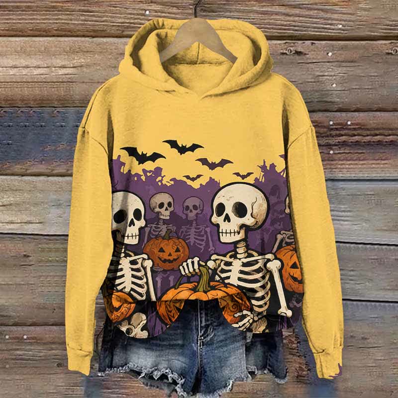 Halloween Skeleton Man Holding Pumpkin Print Long Sleeve Hoodie - Yellow - US44-46(8XL) - image 6