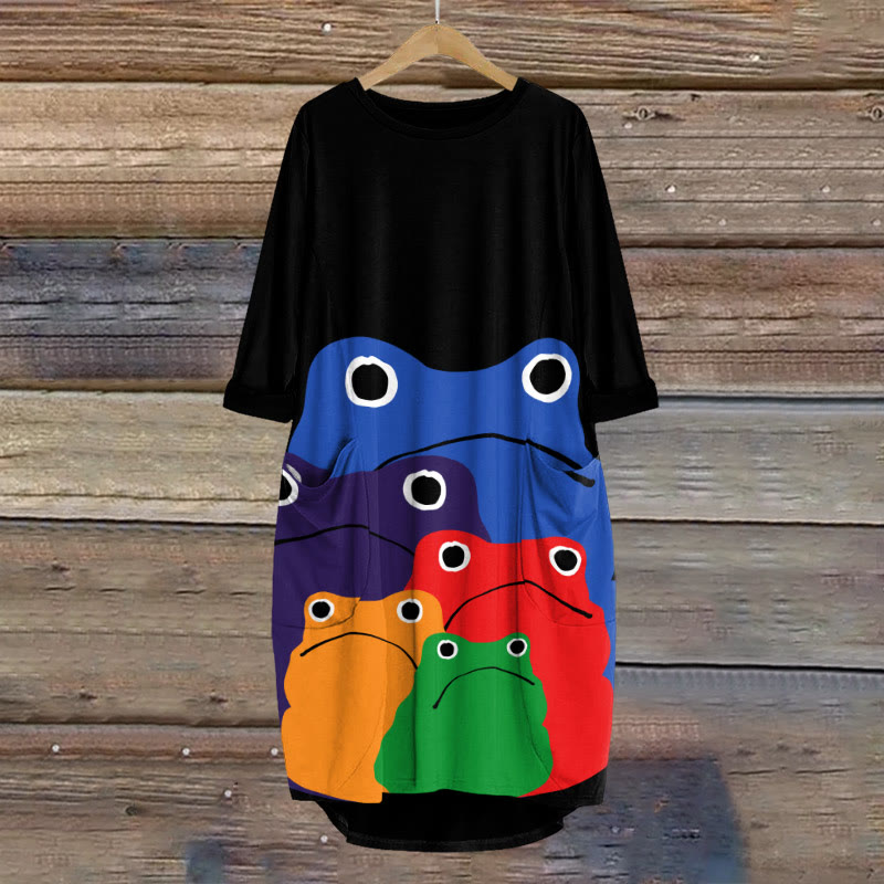Cascading Rainbow Japanese Frog Print Crew Neck Dress - Black - 8XL - image 3