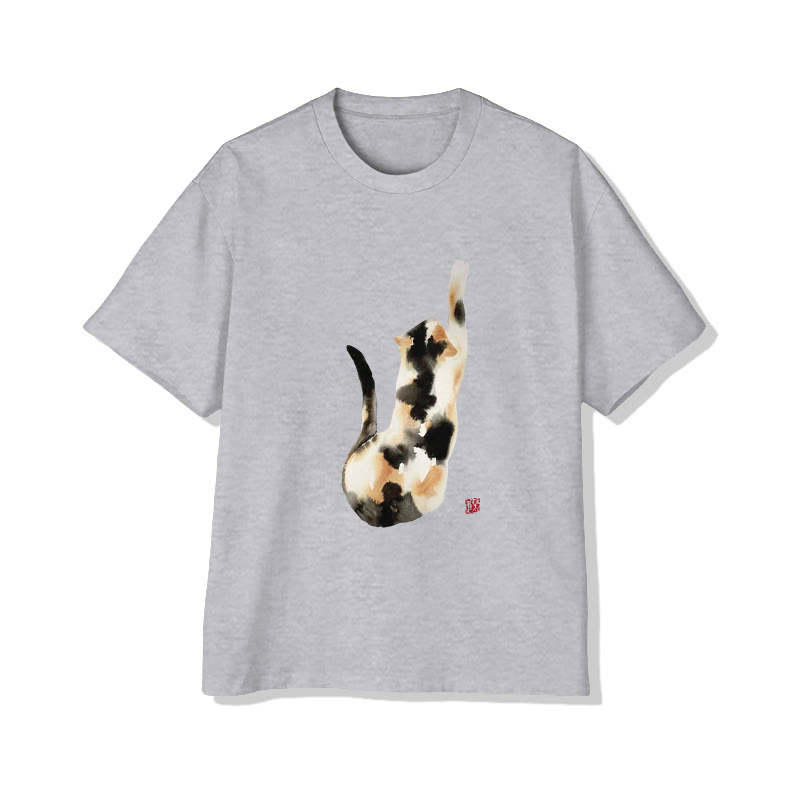 Unisex Watercolor Mixed-color Cat Print Short Sleeved Crew Neck T-shirt - Grey - 2XL - image 4