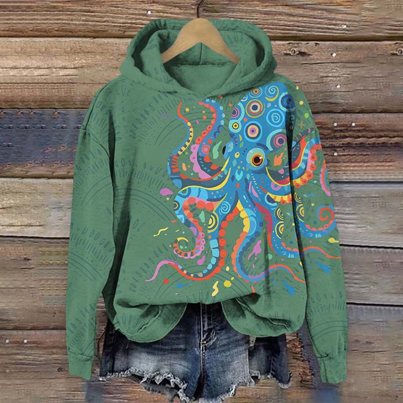 Funny Colorful Geometric Octopus Pattern Print Long Sleeve Hoodie - Green - US44-46(8XL) - image 3
