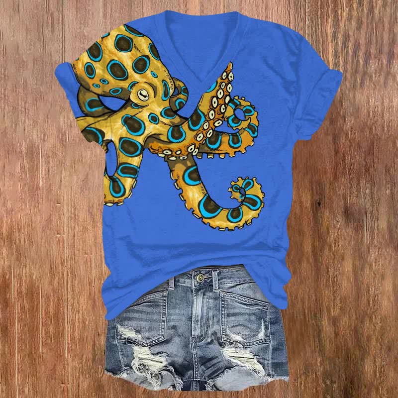 Vintage Blue-ringed Octopus Art Print V-neck T-shirt - Blue - US32-34(5XL) - image 2