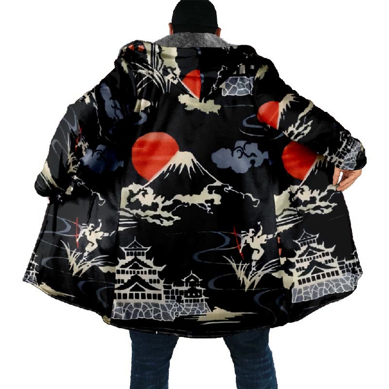 Japanese Moonlight Village Pattern Print Unisex Plush Thick Long-sleeved Fleece Jacket Coat - image 5