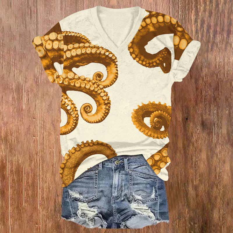 Creative Contrast Octopus Tentacles Art Print V-neck T-shirt - Beige - US32-34(5XL) - image 5