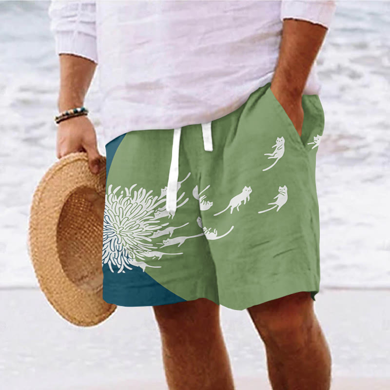 Men's Abstract Creative Dandelion And Cat Painting Art Casual Drawstring Beach Shorts - Green - 5XL - image 4