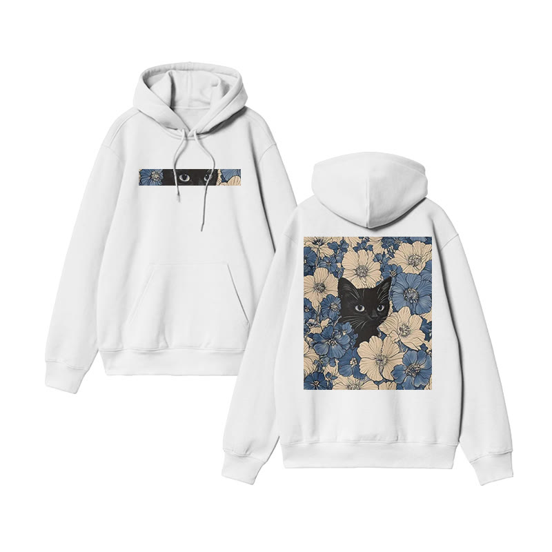 Black Cat In A Patchwork Flower Field Print Hoodie - White - US16-18(2XL) - image 3