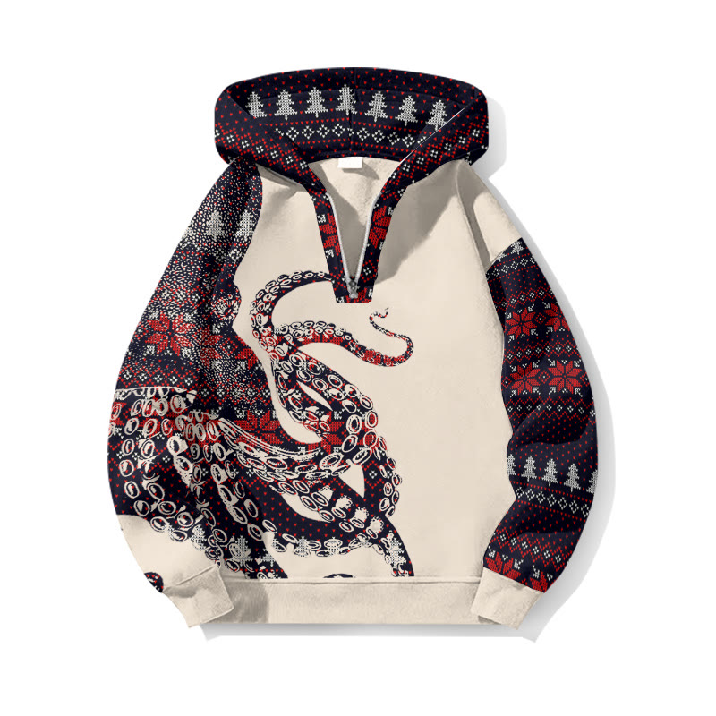Christmas Snowflake Faux Knit Pattern Patchwork Japanese Art Octopus Print Half Zip Hoodie - Apricot - US32-34(5XL) - image 3