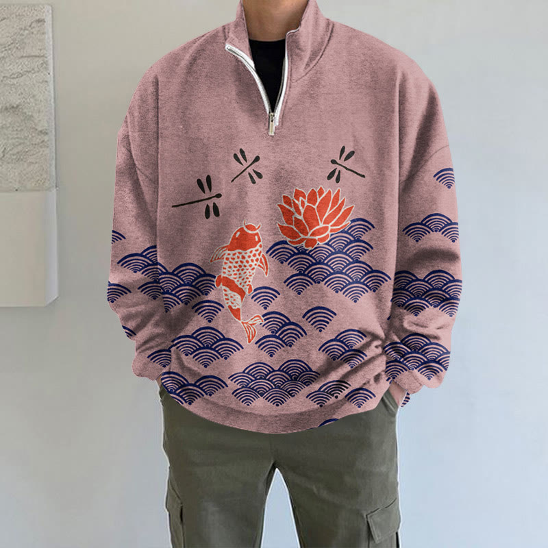 Japanese Style Koi Fish Dragonfly Wave Art Print Long Sleeve Zipper Sweatshirt - Pink - 5XL - image 4
