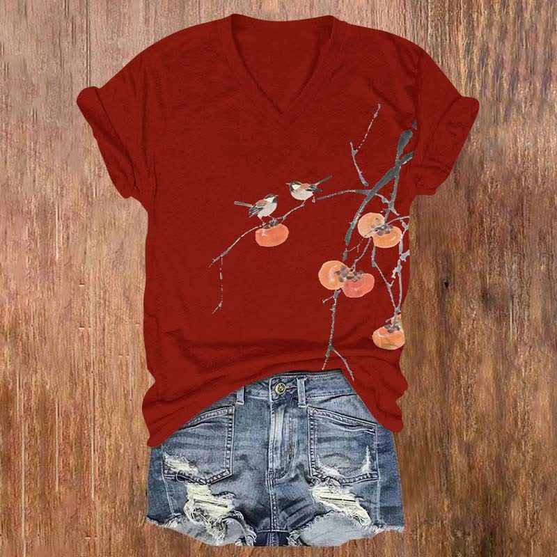 Japanese Ink Watercolor Birds On Persimmon Tree Art Print V-neck T-shirt - Red - US32-34(5XL) - image 2