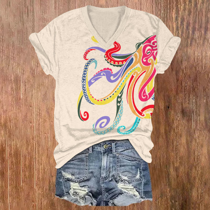 Funny Rainbow Octopus Art T-shirt - Apricot - US32-34(5XL) - image 3