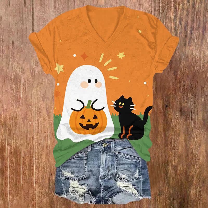 Halloween Cartoon Ghost & Black Cat Print V-neck T-shirt - Orange - US32-34(5XL) - image 4