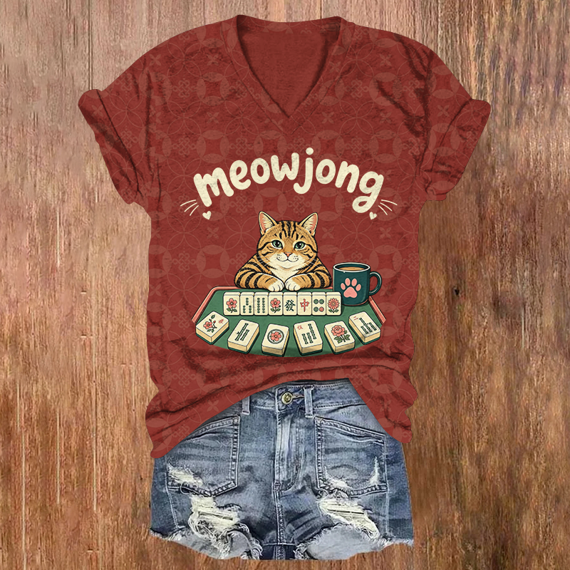 Cute Tabby Cat Meowjong Mahjong Game Print Short Sleeved V-Neck T-Shirt - Red - US32-34(5XL) - image 3