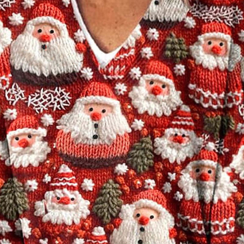 Lovely Christmas Santa Art Print Causal V-neck Pullover Sweater - image 3