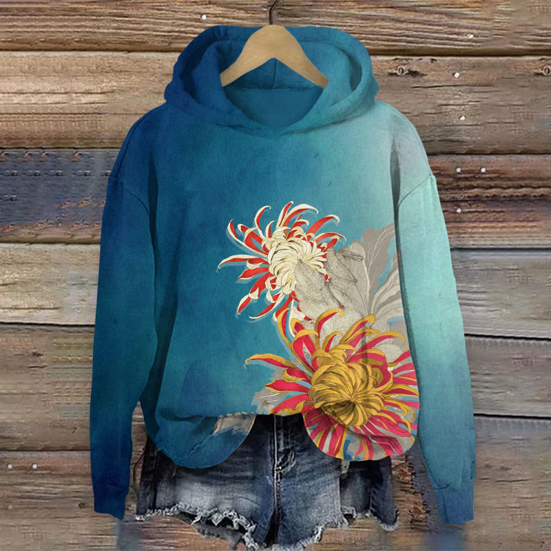Floral Print Long Sleeve Hoodie - Lake Blue - US44-46(8XL) - image 3