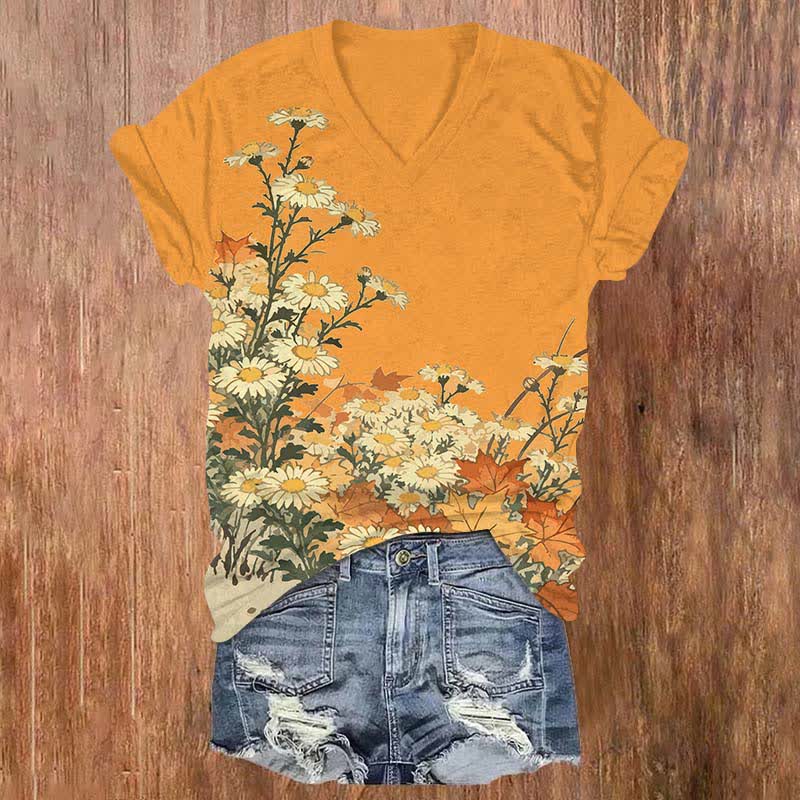 Japanese Oil Painting Sunflower Art Print V-neck T-shirt - Orange - US32-34(5XL) - image 4