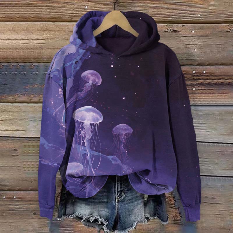 Glowing Jellyfish Amongst Stardust Print Long Sleeve Hoodie - Purple - US44-46(8XL) - image 2