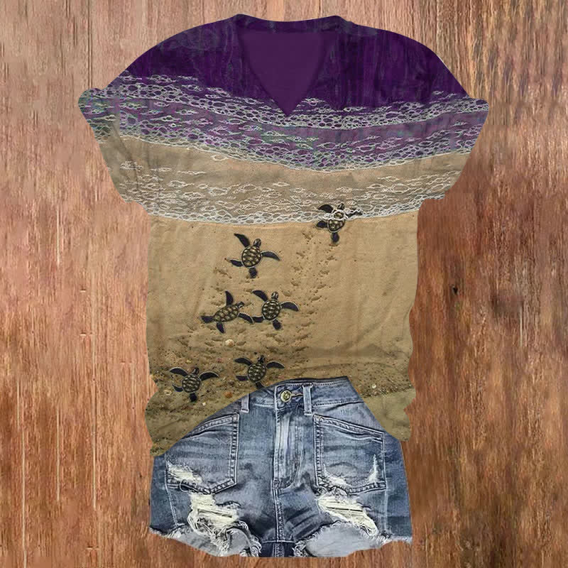 100% Cotton Baby Sea Turtles Beach Fiber Art Print V-neck T-shirt - Purple - 5XL - image 4