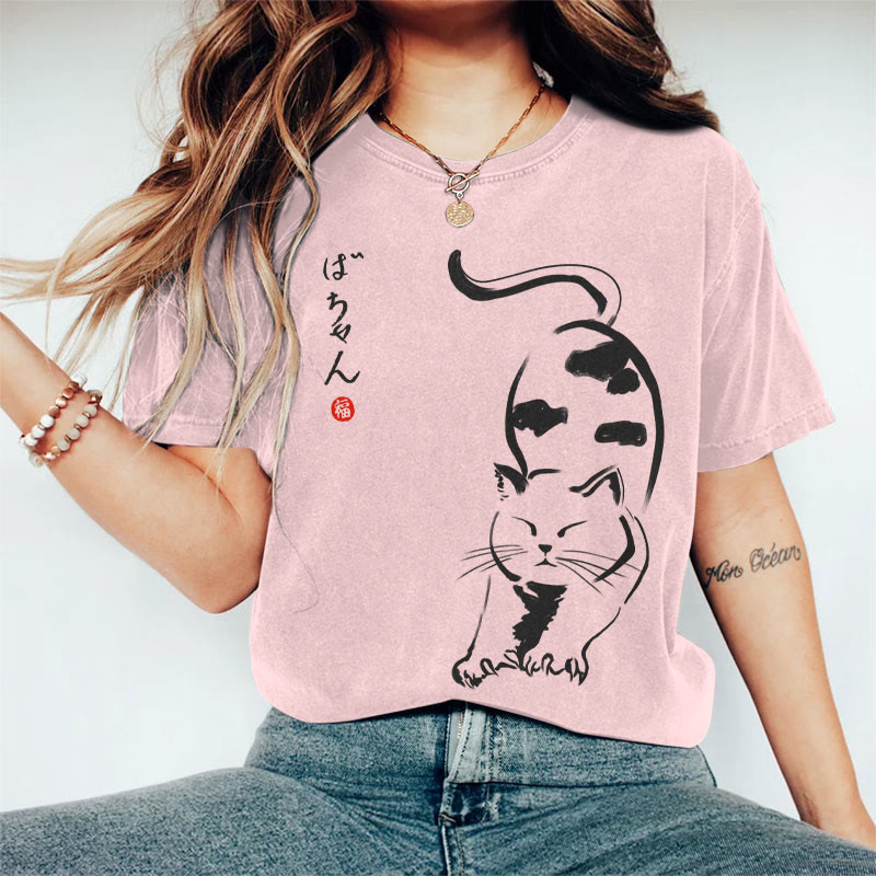 100% Cotton Women's Japanese Stretching Cat Art Print Casual T-shirt - Pink - 2XL - image 5