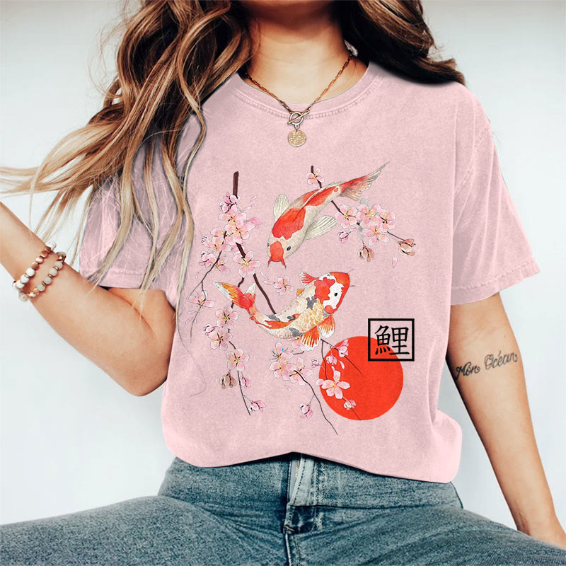 100% Cotton Women's Japanese Sakura Koi Carp Art Print Casual T-shirt - Pink - 2XL - image 7