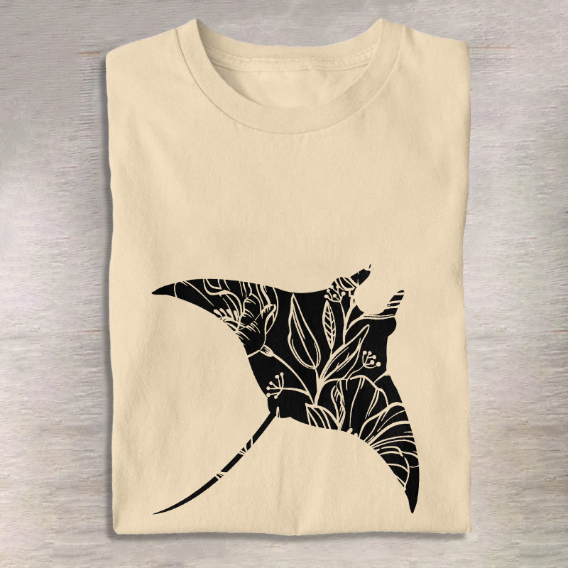 Unisex Floral Manta Ray Art Print Short Sleeved Crew Neck T-shirt - Apricot - 2XL - image 3
