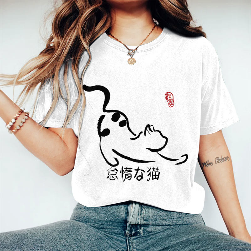 100% Cotton Women's Japanese Lazy Cat Art Print Casual T-shirt - White - 2XL - image 4