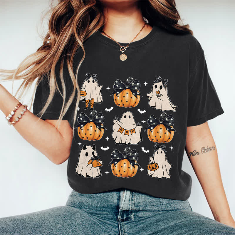 100% Cotton Halloween Girly Ghost & Pumpkin Art Print T-Shirt - Black - 2XL - image 5