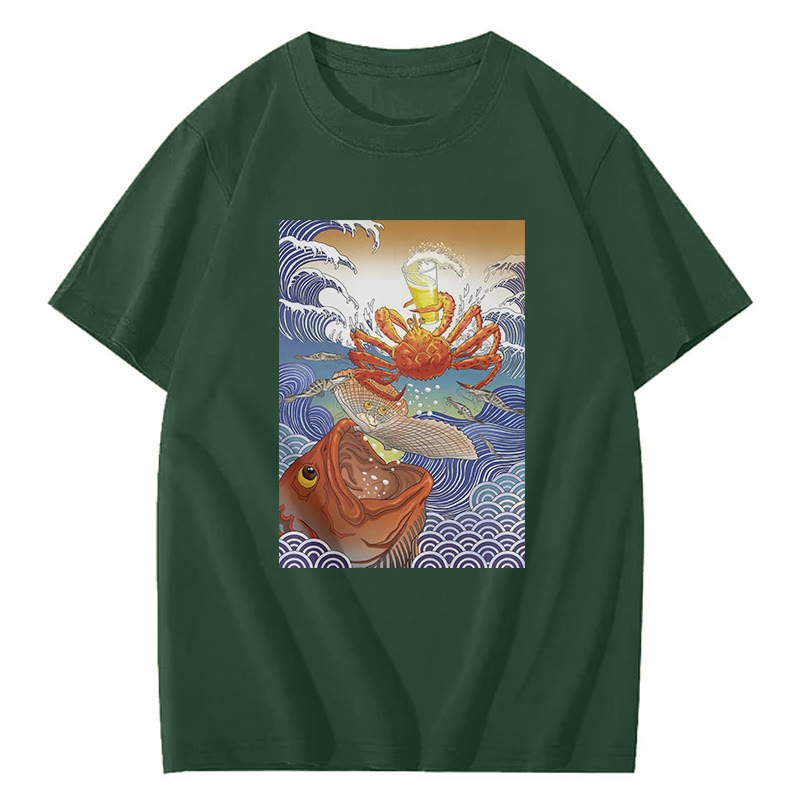 Ukiyo-E Seafood And Beer  Print Short Sleeved Crew Neck T-Shirt - Green - 2XL - image 6