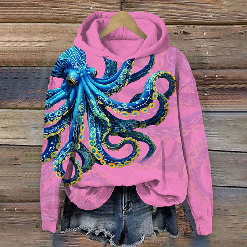 Art Octopus With Shading Print Long Sleeve Hoodie - Pink - US44-46(8XL) - image 6