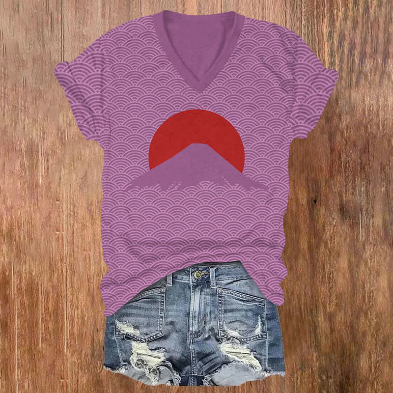Japanese Sunrise Of Mount Fuji Art Print V-neck T-shirt - Purple - US32-34(5XL) - image 3