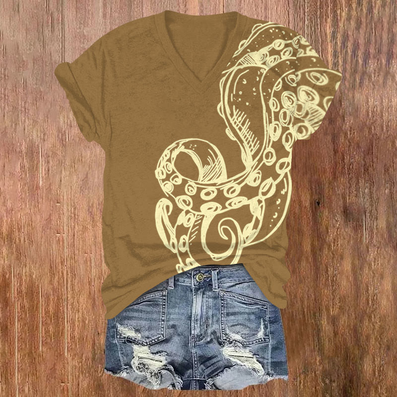 Fluorescent Line Octopus Tentacles Print V-neck T-shirt - Yellow - US32-34(5XL) - image 5