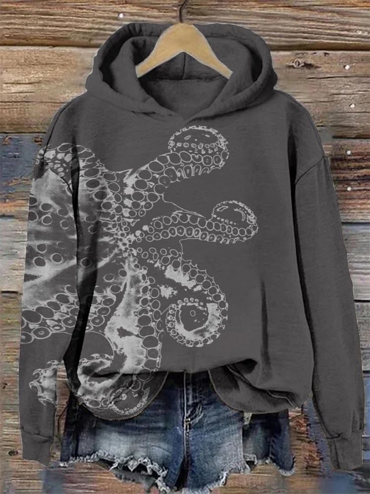 Octopus Asymmetric Print Hoodie