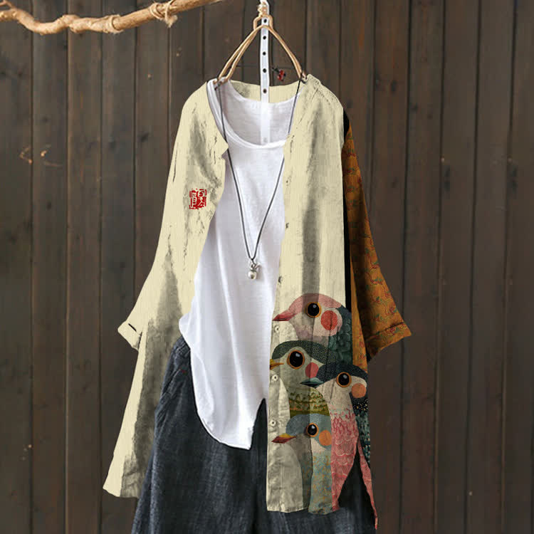 Japanese Retro Rainbow Birds Pattern Print Cardigan - image 4