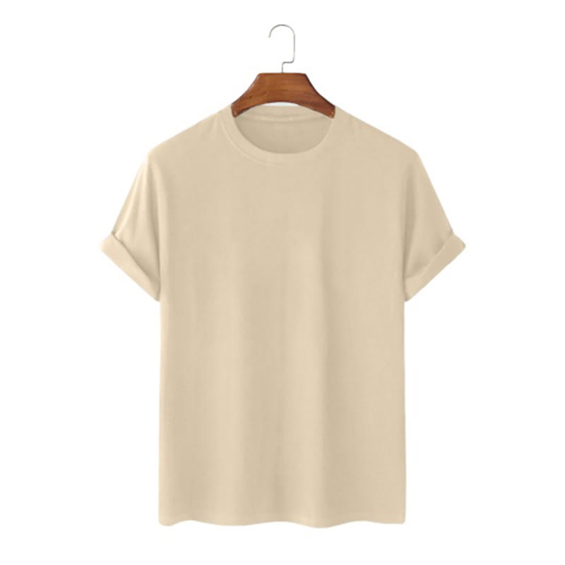100% Cotton Solid Color Round Neck Casual Short Sleeves T-shirt - Khaki - 2XL - image 9