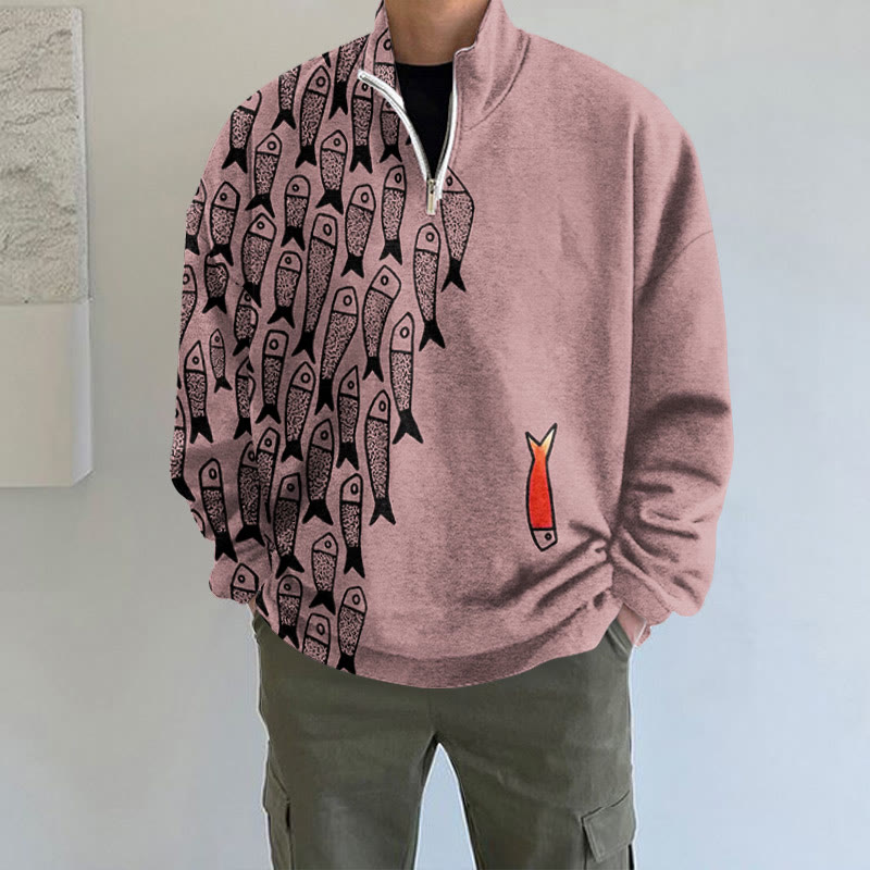 Cute Simple Lines Abstract Geometric Fish Art Print Long Sleeve Zipper Sweatshirt - Dark Pink - 5XL - image 2