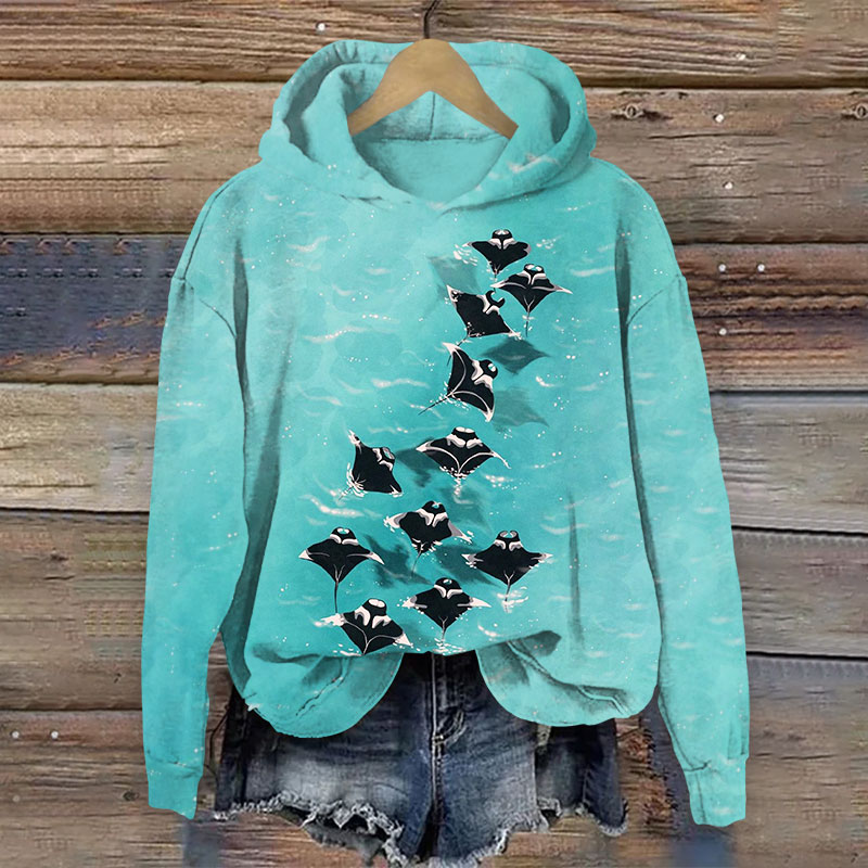 Vintage Manta Ray Art Print Long Sleeve Hoodie - Green - 8XL - image 1