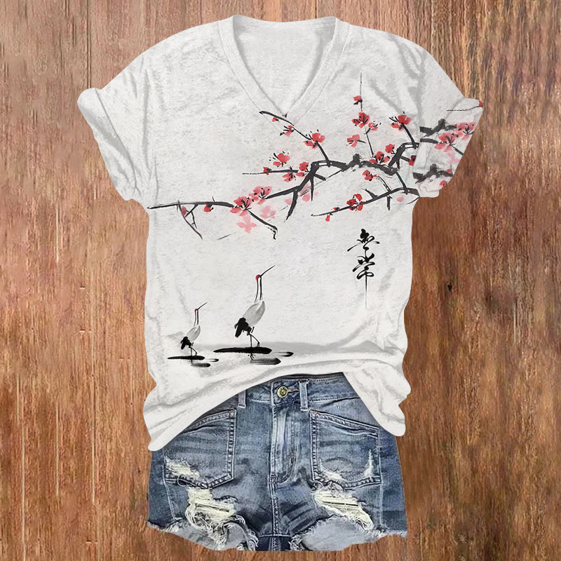 Japanese V-neck Crane Flowers Art T-shirt - White - US32-34(5XL) - image 3