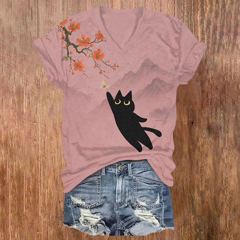 Japanese Funny Black Cat Catching Butterfly Art Print T-shirt - Pink - US32-34(5XL) - image 3